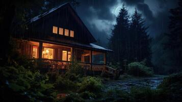 A cozy cabin with warm lights glows in the darkness of a rainy night, with a crescent moon shining through the clouds and tall trees surrounding it. photo