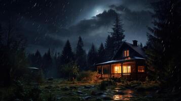 A cozy cabin with warm lights inside sits by a stream in a dark forest under a moonlit sky. photo