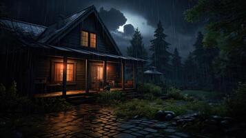 A cozy cabin with warm lights glows in the darkness of a rainy night in a forest.  The porch is lit with string lights and the windows are glowing.  A cobblestone path leads up to the cabin. photo