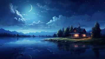 A cozy cabin with warm lights sits by a lake under a starry night sky with a crescent moon. photo