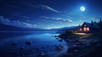 A cozy cabin with warm lights sits on the edge of a lake under a full moon and a starry sky. photo