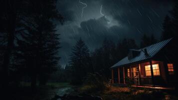 A cozy cabin with warm lights sits in a dark, stormy forest with lightning striking in the distance. photo
