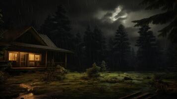 A cozy cabin with warm lights sits in a dark, rainy forest with a moonlit sky. photo