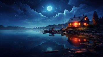 A cozy cabin with warm lights sits on the edge of a serene lake under a starry sky, with a full moon casting its glow on the water. photo