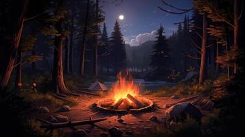 A cozy campfire glows in the heart of a dark, mysterious forest under the moonlight. photo