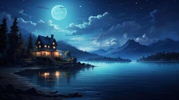 A cozy cabin with warm lights sits on the edge of a tranquil lake under a starry night sky with a glowing moon. photo