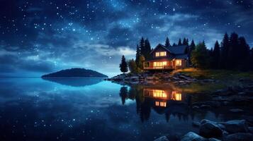 A cozy cabin with warm lights, nestled on the lakeshore, under a starry sky. photo