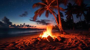 A cozy campfire on a sandy beach at night with palm trees and stars in the sky. photo