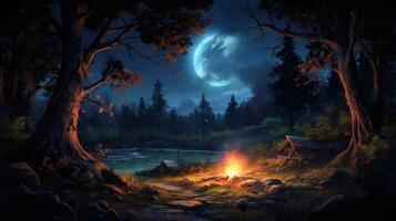 A cozy campfire in a magical forest under a crescent moon with a lake in the background. photo