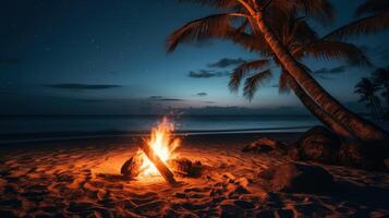 A cozy campfire on a tropical beach at night with palm trees and a starry sky. photo