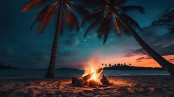 A cozy campfire on the beach under a starry sky with palm trees. photo
