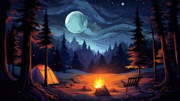 A cozy campsite with a campfire, tent, and chair in a forest under a starry night sky with a full moon. photo