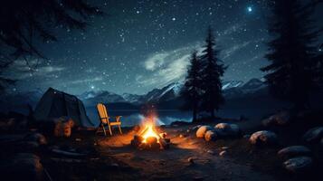 A cozy campsite with a crackling campfire under a starlit sky. photo