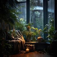 A cozy window nook with a lit candle, a stack of books, and lush green plants by a rainy window. photo