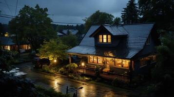 A cozy house with warm lights glows in the evening with a wet sidewalk and lush trees. photo