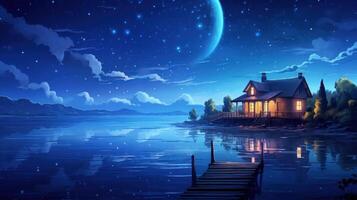 A cozy cottage with warm lights sits on the edge of a calm lake under a starry sky with a crescent moon. photo