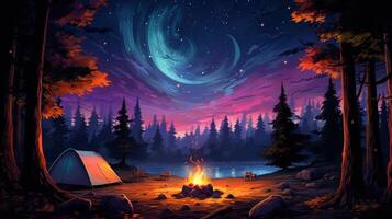A cozy campsite with a tent, campfire, and two chairs by a lake, under a starry night sky with a blue and pink aurora. photo