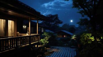 A cozy wooden cabin with a porch under a starry night sky with a full moon shining brightly. photo