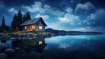 A cozy wooden cabin with glowing windows sits on the shore of a tranquil lake under a starry sky. photo