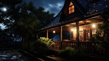 A cozy wooden cabin with lights on at night, illuminated by the moon and surrounded by trees. photo