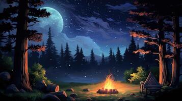 A crackling campfire burns brightly under a starry sky with a large, full moon illuminating the forest. photo