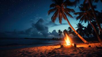 A crackling bonfire on a sandy beach under a starry night sky with palm trees and ocean waves. photo