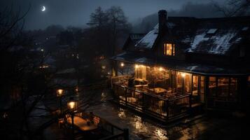A cozy wooden cabin with lit windows stands on a hill overlooking a foggy town under a crescent moon. photo