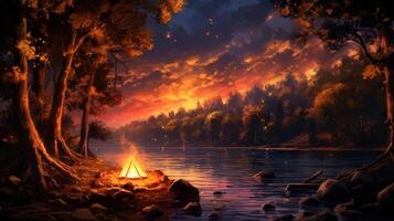 A crackling campfire burns brightly on the edge of a lake, casting a warm glow on the surrounding trees and the orange sunset sky. photo