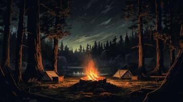 A crackling campfire illuminates the forest at night, with two tents and a wooden bench adding to the campsite's cozy ambiance. photo