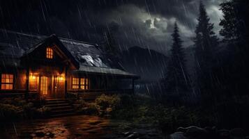 A cozy wooden cabin with warm light glowing from the windows sits in a dark, rainy forest. photo