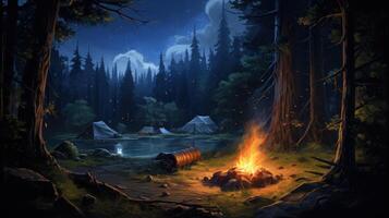 A crackling campfire illuminates the forest floor at night, casting an ethereal glow on the surrounding trees and tents. photo