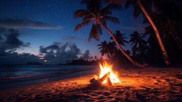 A crackling bonfire on the beach under a starlit sky, with palm trees silhouetted against the horizon and the ocean stretching out in the distance. photo