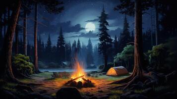 A crackling campfire illuminates the night in a forest setting, with a tent nearby and the full moon shining above. photo