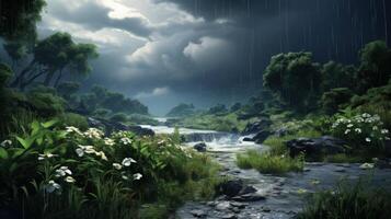 A creek flows through a lush green forest under a stormy sky with white flowers blooming. photo