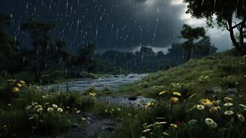 A creek runs through a lush green forest, with yellow wildflowers blooming in the foreground, rain falls from a dark sky. photo