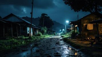 A dark and mysterious path through a village at night, lit by streetlights. photo
