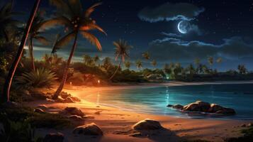 A crescent moon hangs over a tropical beach at night, with palm trees silhouetted against the starry sky. photo