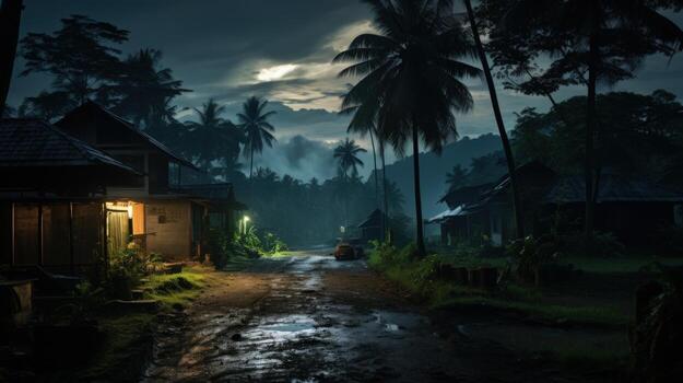 A dark and mysterious path through a tropical jungle at night, lit only by the moon and a few lanterns. photo