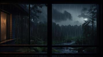 A dark and stormy night with a view of a river and forest from a window. photo