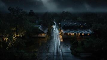 A dark and stormy night with two houses on a rain soaked street. photo