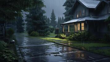 A dark house with lit windows stands on a quiet street during a rainstorm. photo