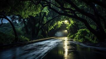 A dark, misty road winds through a canopy of trees, illuminated by a single streetlight. photo