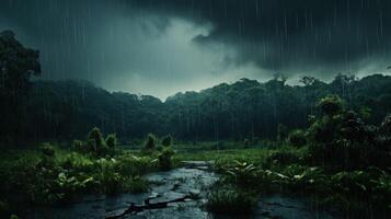 A dark and stormy scene in a lush jungle with heavy rain and a crack in the ground in the foreground. photo