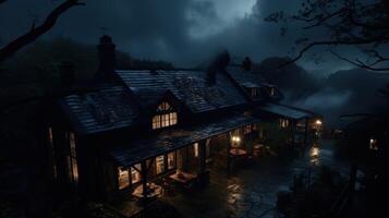 A dark, mysterious cottage with warm light illuminating the windows and porch, shrouded in fog and rain on a stormy night. photo