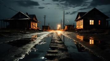 A deserted street at night with houses on either side and a single streetlight casting a warm glow on the wet road. photo