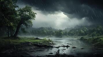 A dark, moody scene of a river flowing through a forest with a large tree in the foreground, rain falling, and a dark sky with birds flying overhead. photo