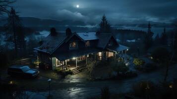 A dark, mysterious house sits on a hill overlooking a foggy valley with the moon shining brightly in the sky. photo