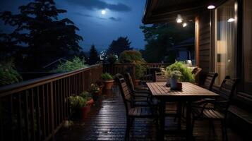 A dark, rainy night scene with a wooden patio lit by overhead lights and a full moon, with a table and chairs set for two. photo