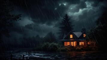 A dark, stormy night with a cabin glowing in the distance. photo