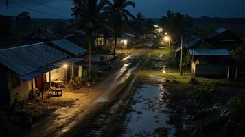 A dimly lit dirt road with puddles, lined by rustic houses and palm trees, illuminated by streetlamps at night. photo